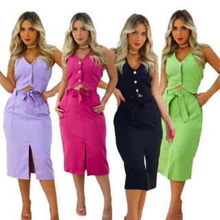 Conjunto Blusa c/botões saia longa