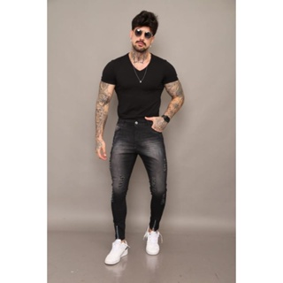 Calça Super Skinny Masculina Com Lycra Jeans Ziper na Perna