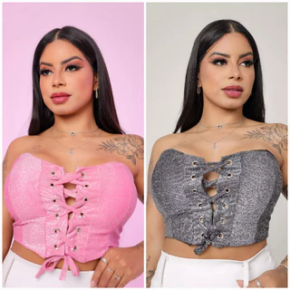 Cropped Thamires Brilho Lurex com bojo amarração tomara que caia moda balada roupas femininas
