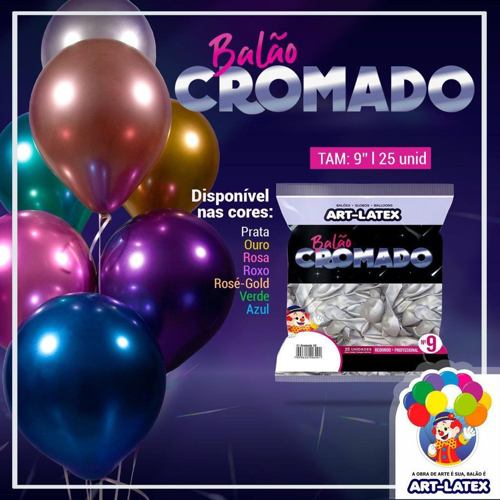 Balão redondo Nº9 ART LATEX Cromado - Diversas cores - 25 unidades