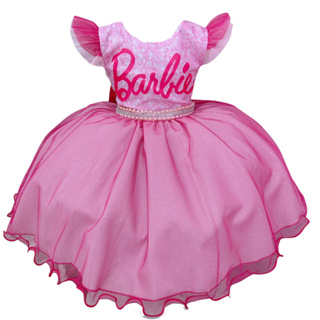 Vestido Barbie Girl Rosa Com Babado Menina Infantil