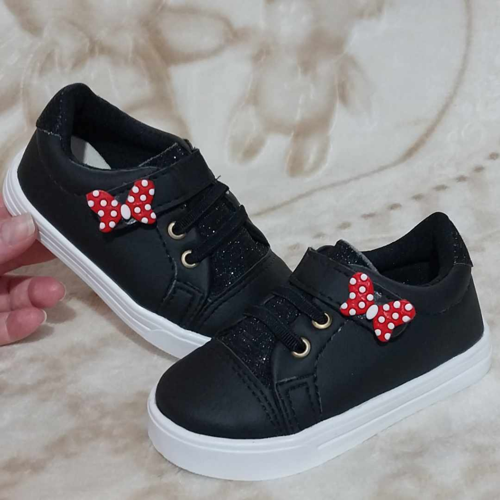 Tênis preto com laço da minie gliter menina infantil promoção estilo