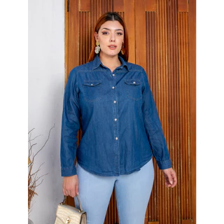 Plus size Camisa jeans premium essential lavagem escura moda verão