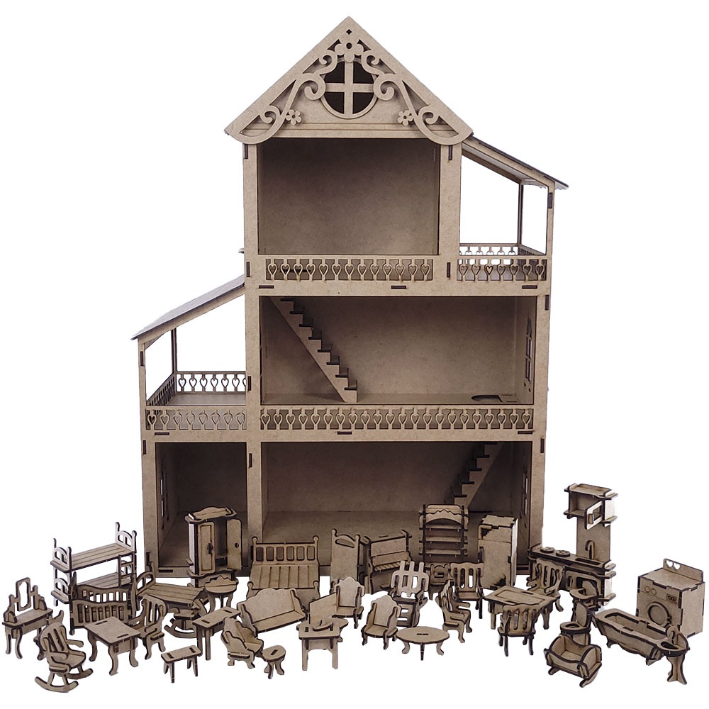 Casinha Boneca Mdf 37 cm Com Móveis Para Diversão Madeira Mdf