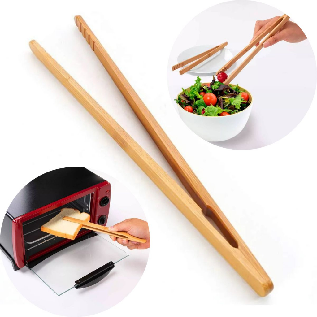 Pinça Pegador De Fritura Em Bambu 36cm Alimentos Salada Culinaria Pinça Churrasco Massa Gelo Chocolate