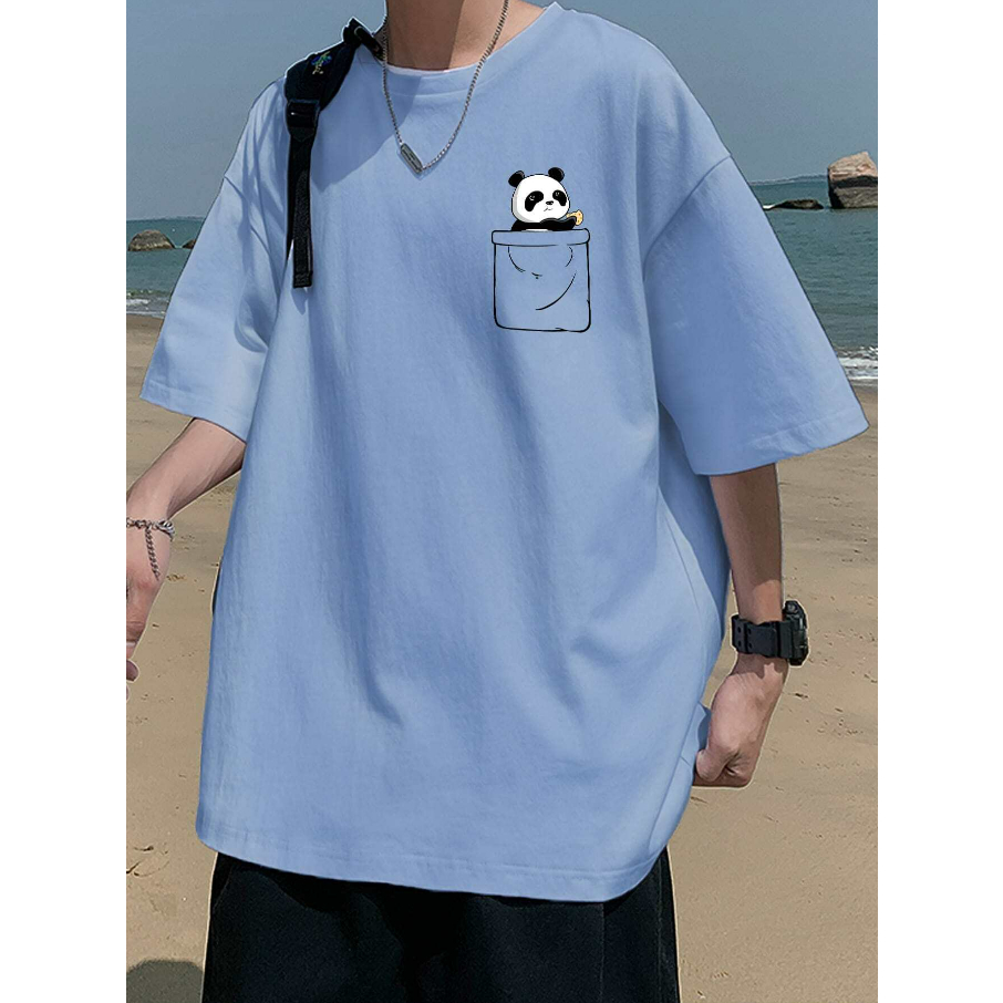 Camiseta Larga Manga Curta Estampada Panda Pocket Blusa Oversized Ombro Caído T-shirt Skatista Streetwear