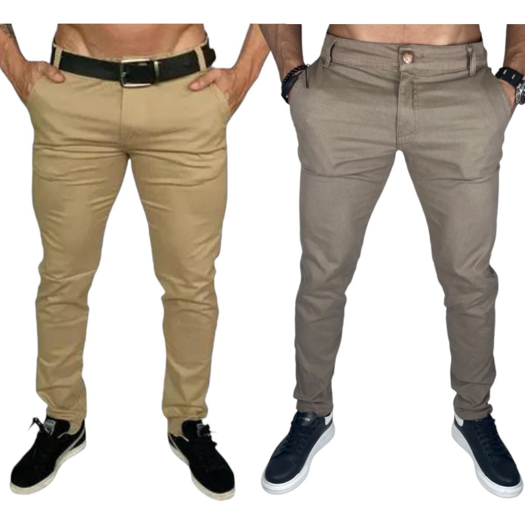 Calça Sarja Masculina Chino Brim Esporte fino e Social Kit com 2 Peças  Preta Caqui Bege Creme Azul Jeans Escuro versátil com desconto e melhor  preço com qualidade a prona entrega com