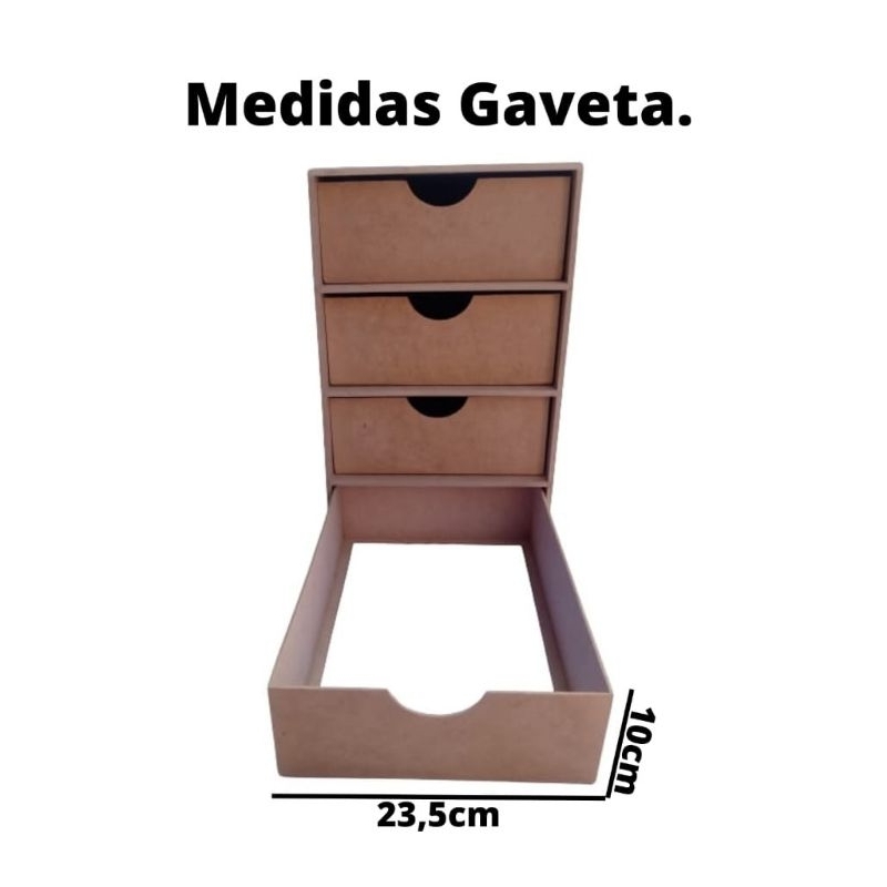 Gaveteiro Organizador de Folhas A4 Acessórios Maquiagem MDF Cru 6 MM 4 Gavetas Para Mesa Escritório Porta Folhas A4 na vertical Suporta 500 folhas por gaveta com profundidade de 35 cm