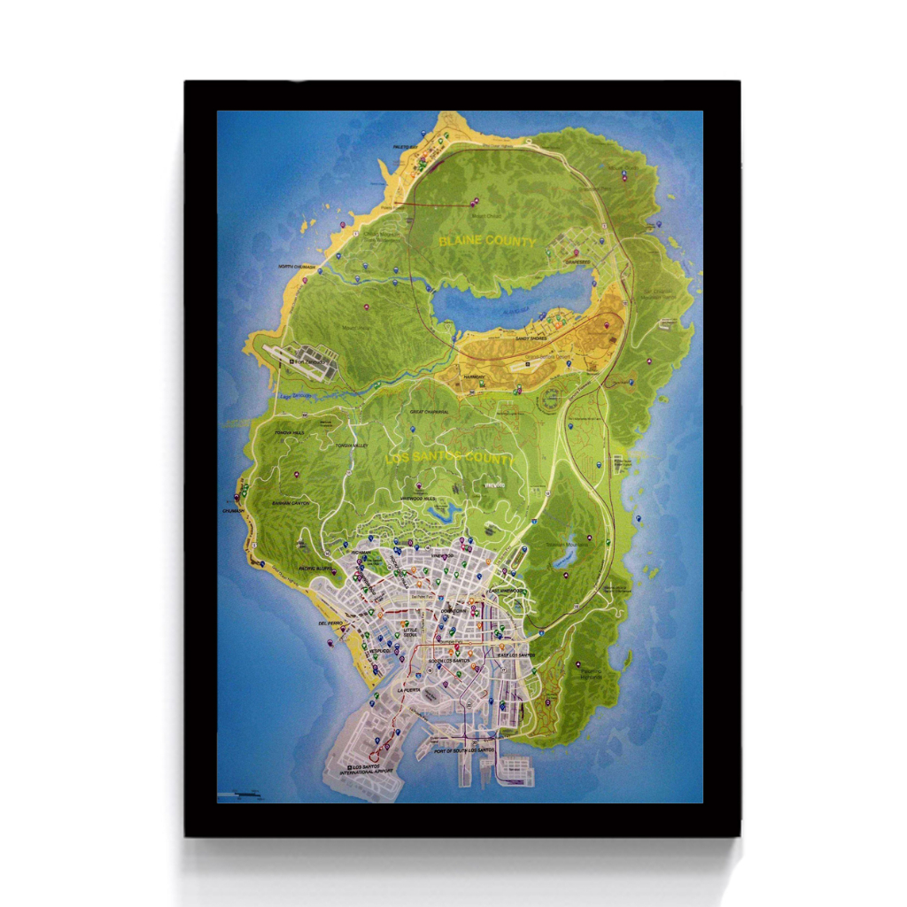Quadro Decorativo Mdf Grand Theft Auto V Gta 5 Mapa Game A4