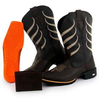 Bota Texana Country Masculina Couro Cano Longo Escama+carteira