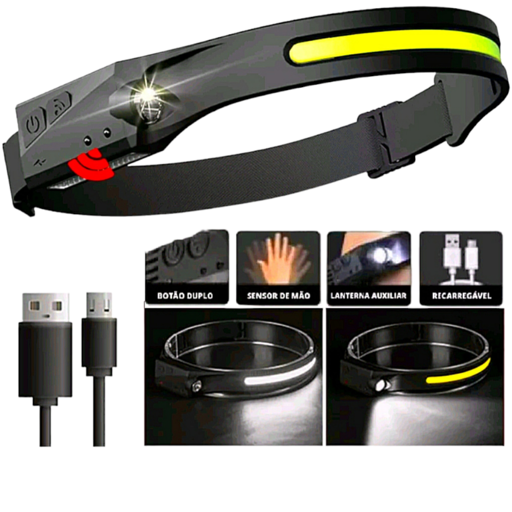 Lanterna De Cabeça Led Super Forte Resistente Água Recarregável Sensor ...