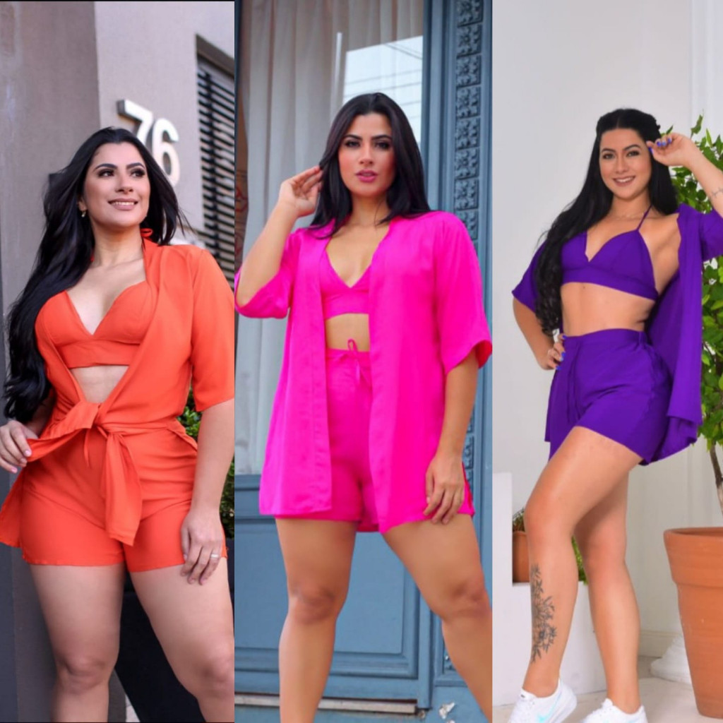 Conjunto Feminino kimono 3 Peças + Short e Cropped com Bojo Duna Não Amassa