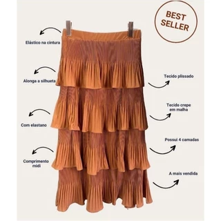 Saia Longa Feminina Tule Babado com elástico na cintura Saia Mid Tule Camadas Moda Evangélica M G GG