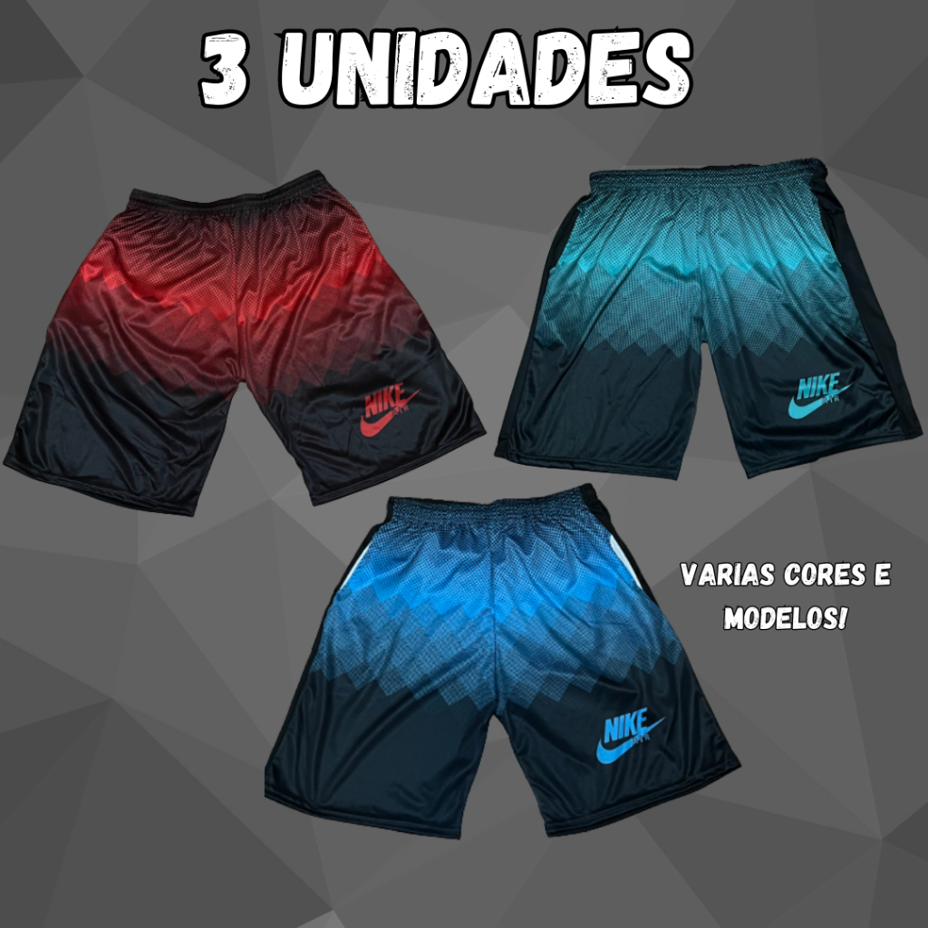 Kit com 3 Bermuda Shorts Dry Fit Futebol Academia Treino Esporte Corrida Estampada Calção Com Bolso