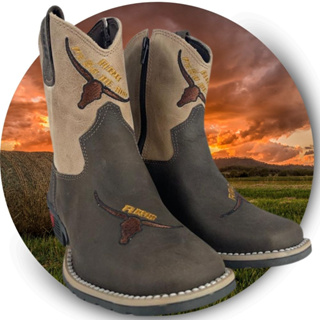 Bota Country Texana Infantil Original Aragoni Fóssil Café Original Com Zíper na Lateral Confortável