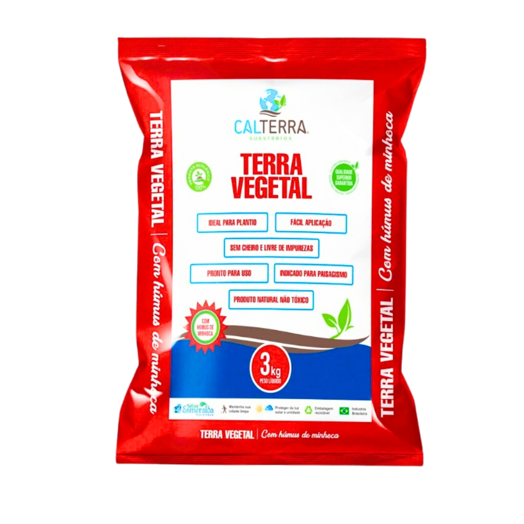 Terra Vegetal 3kg adubada com húmus de minhoca para plantas, hortas, vasos e jardins.