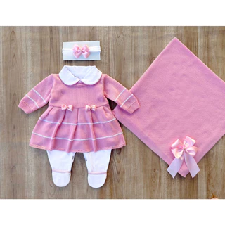 Saída de maternidade menina em tricô Rosa