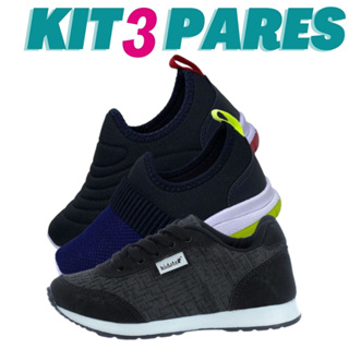 Kit 3 Pares de Tenis Infantil Calce Facil Bordado e Jogging Preto