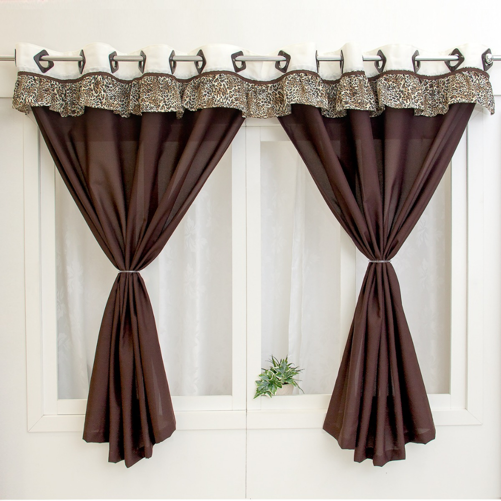 CORTINA PARA JANELA COZINHA SLIM 2,60X1,40M - MARROM ONCINHA BABADINHO