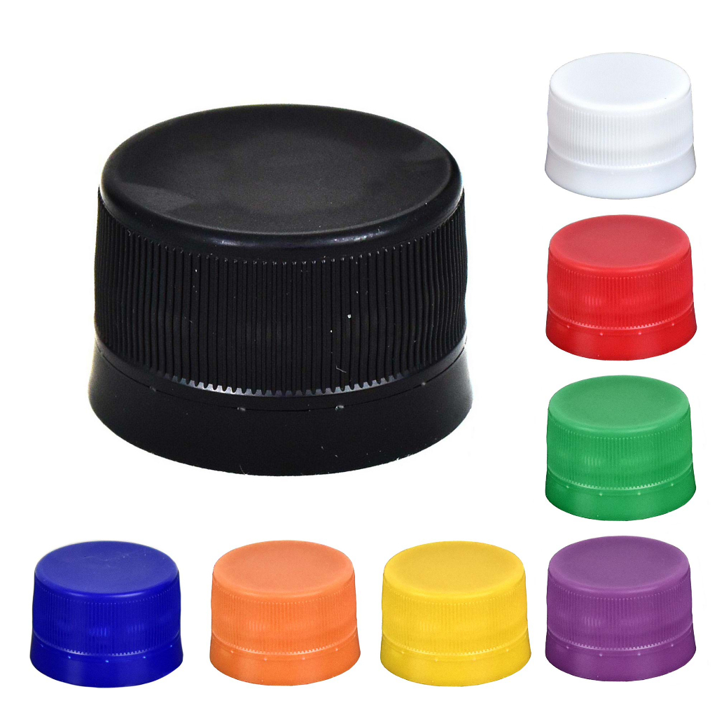 KIT COM 50 TAMPAS 28 MM COM VEDANDE E LACRE, PRETA p/ PET, PERFIL ALTO ...
