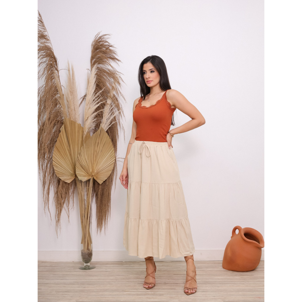 Maria W Modas Saia Bolo Liso Babado/Com Forro /Com Bolso /Viscolinho/verao novo 2023