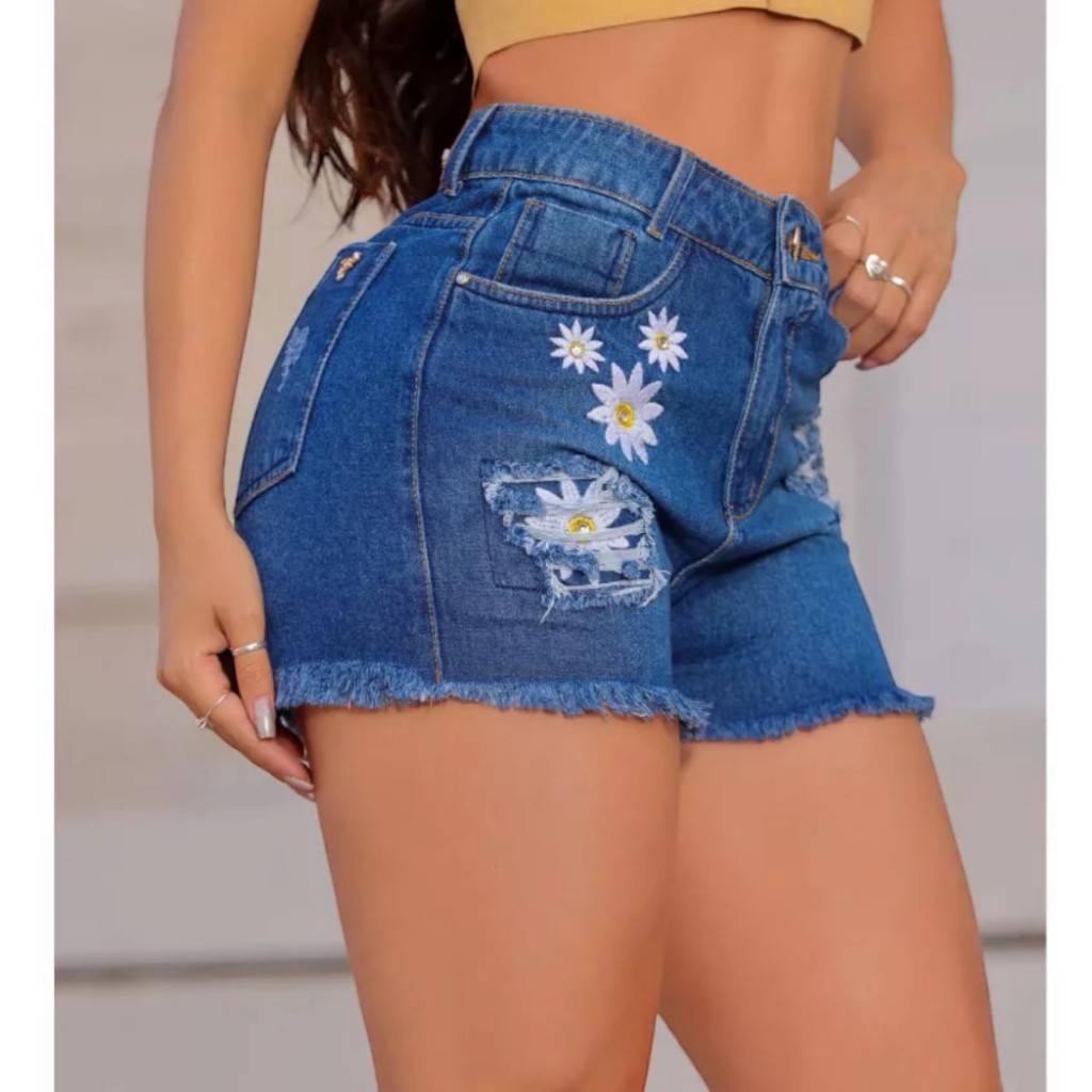 Short Jeans Cintura Alta com Manchas de Flores