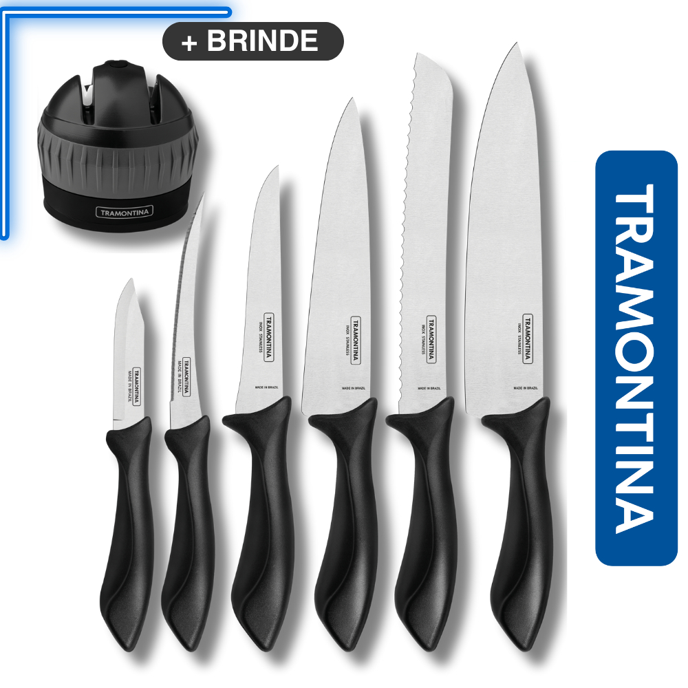 Jogo De Faca Cozinha Tramontina Aço Inox 6 Facas + Amolador de Facas ...