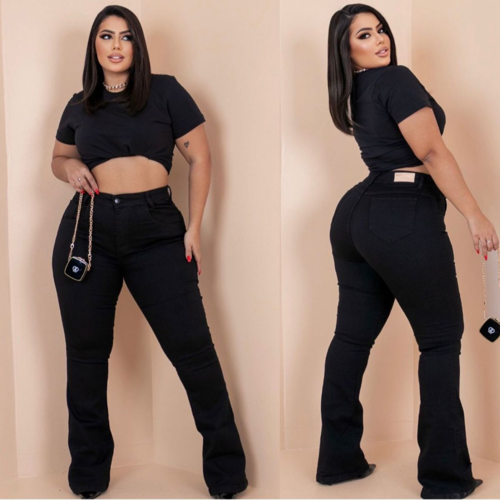 Calça Flare Jeans Boca de Sino Plus Size Preta