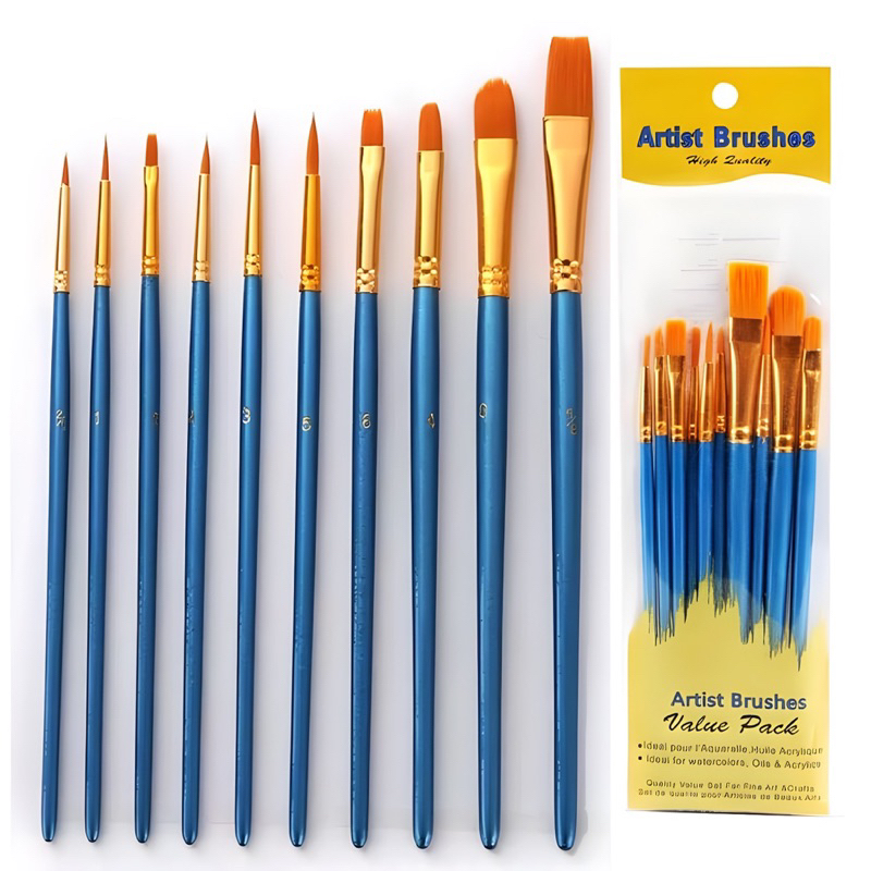 Kit com 10 Pincéis artísticos para pintura cerdas macias - Aquarela, Guache, Óleo, Acrílica