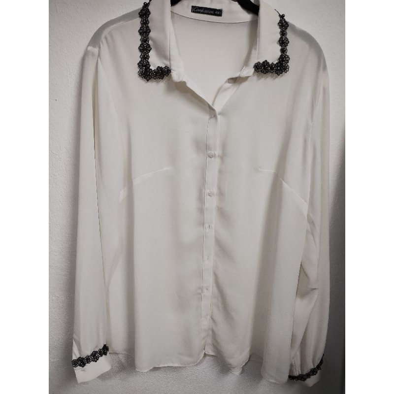 Camisa social feminina Branca com detalhes na gola e no punho | Shopee ...