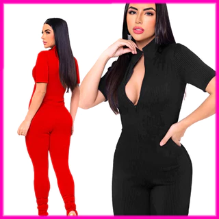 Macacão Manga Curta Canelado 3D Virgínia Luxo Zíper Invisível Gola Alta Feminino