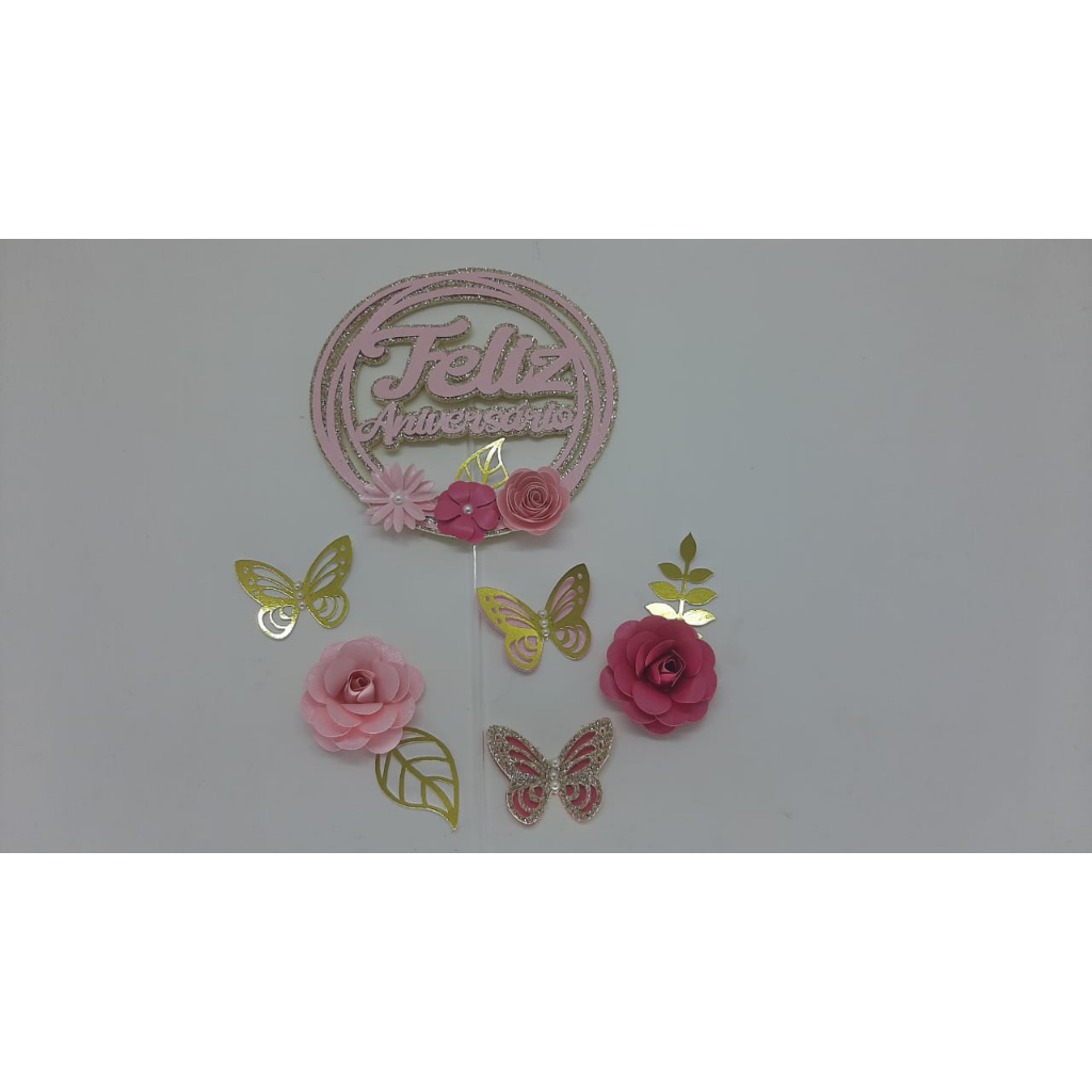 TOPO DE BOLO FLORAL TOPPER PERSONALIZADO FLORES TRINTOU ANIVERSARIO MULHER  BORBOLETAS FLORES DE PAPEL