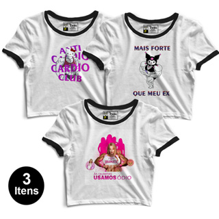 Kit 3 Cropped Manga Curta Feminino As Braba Academia Branco com Preto
