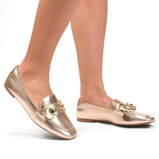 Sapato Feminino Dourado Mocasim Bico Quadrado Loafer Elegante com Enfeite Ouro Lexie