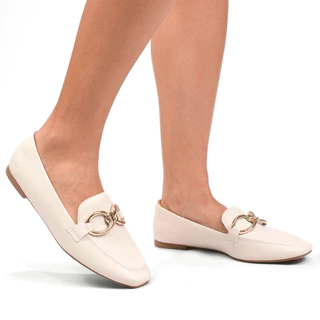 Sapatos Femininos Social Mocassim Baixo com Corrente Ouro Moda Blogueira Lexie