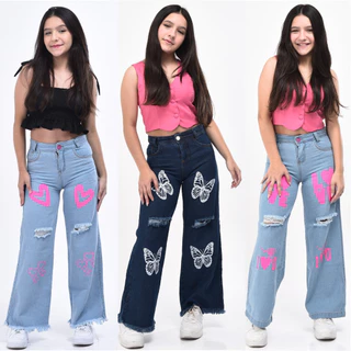 Kit 3 calça jeans wide leg estampadas pantalona infantil juvenil 8 aos 16