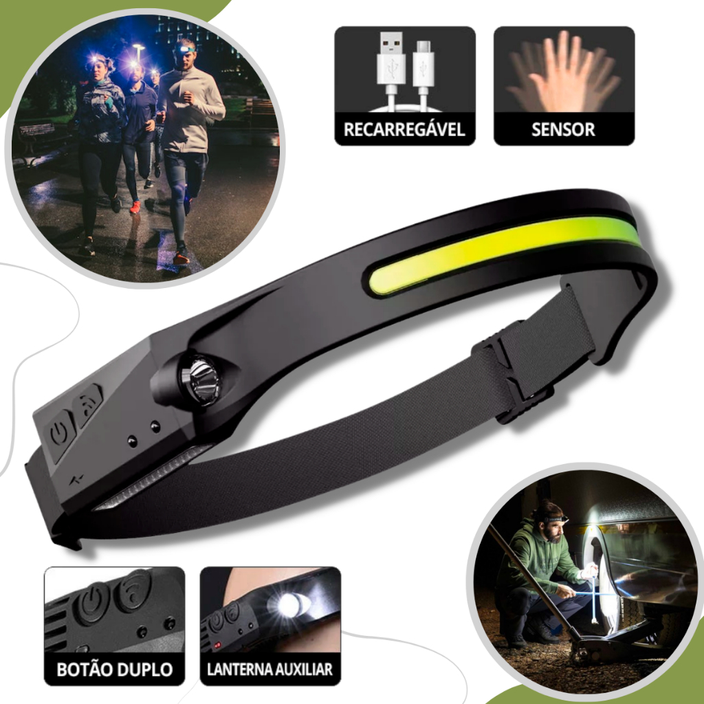 Potente Farol Recarregável Led Corpo Motion Sensor Cabeça Lanterna