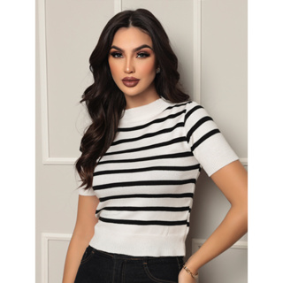 Blusinha feminina tricot modal listrada manga curta moda