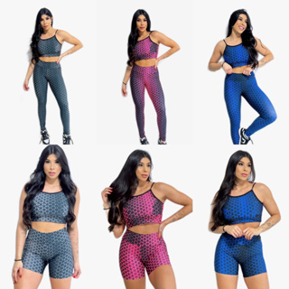 3 Conjuntos Fitness Feminino Academia 3 peças (top/calça/short)