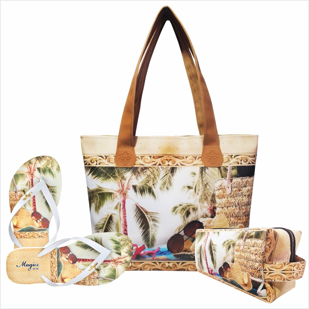 Kit Praia Feminino Bolsa com Forro Bolso Interno Necessaire e Chinelo ...
