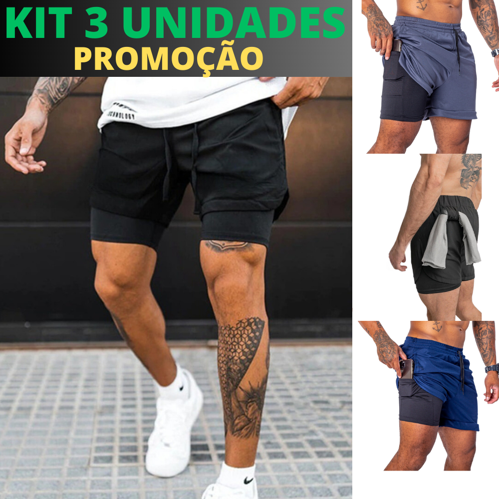 KIT 3 shorts 2 em 1 academia e treino sport fit dry fit com elastano com proteçao uv