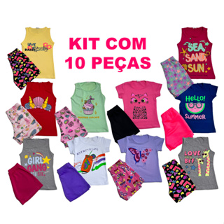 KIT COM 10 PECAS DE VERÃO PARA MENINAS ( 5 CAMISETAS/REGATAS E 5 BERMUDAS )