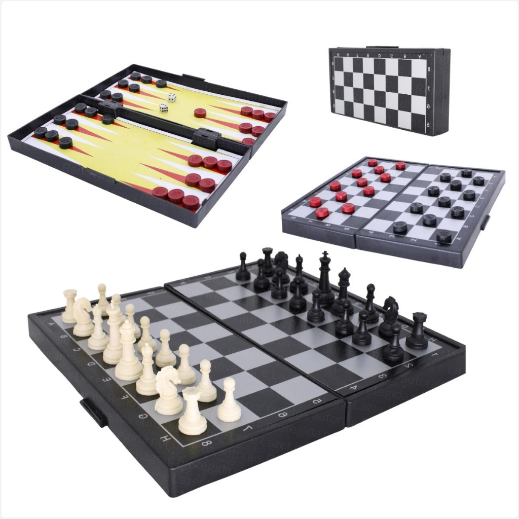 Jogo de mesa 3 em 1 xadrez, damas e gamão