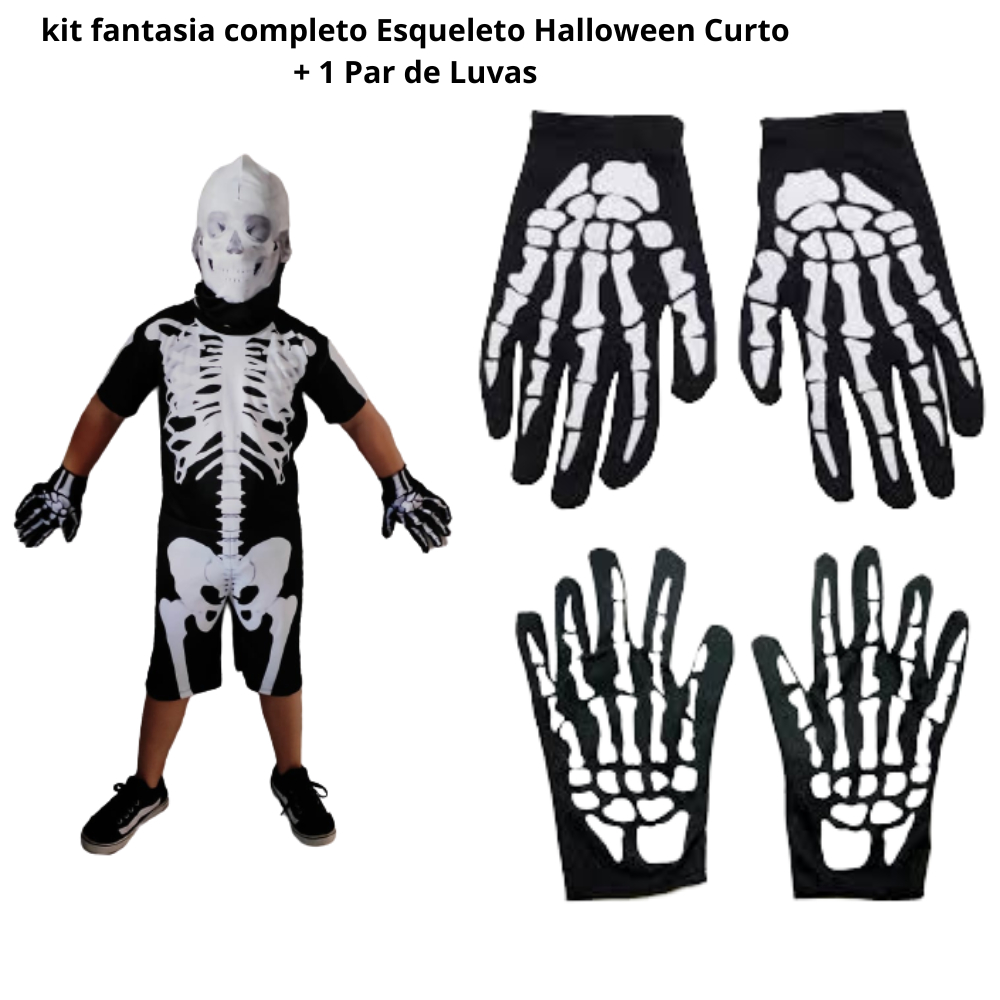 Fantasia de Halloween Feminina Esqueleto com Capuz e Luvas