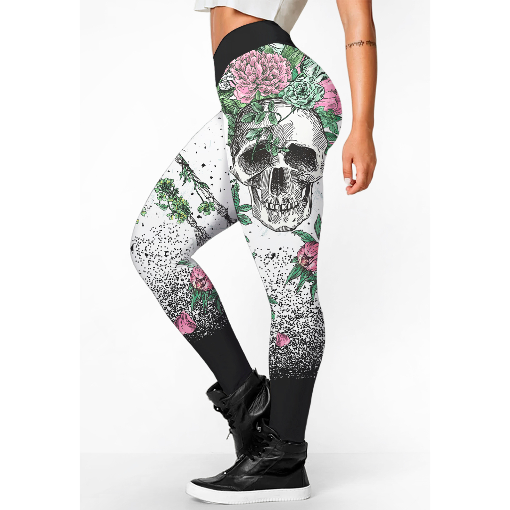 Calça Legging Feminina Rock Fit Skull Flowers