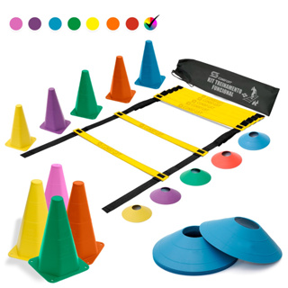 Kit 1 Escada de Agilidade + 10 Cones + 10 Chapéu Chines + 1 Corda de Pular + 1 Mochila Funcional Velocidade Sinalização Esportivo
