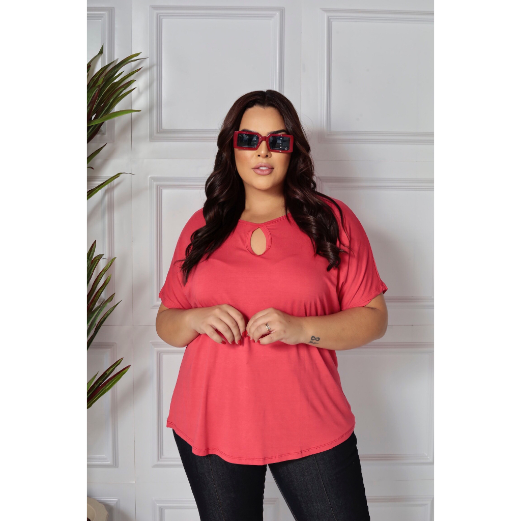 Blusa Plus Size detalhe em gota um furo no busto Blusinha Feminina Camiseta blusinha tamanho grande moda curve Shopee Brasil