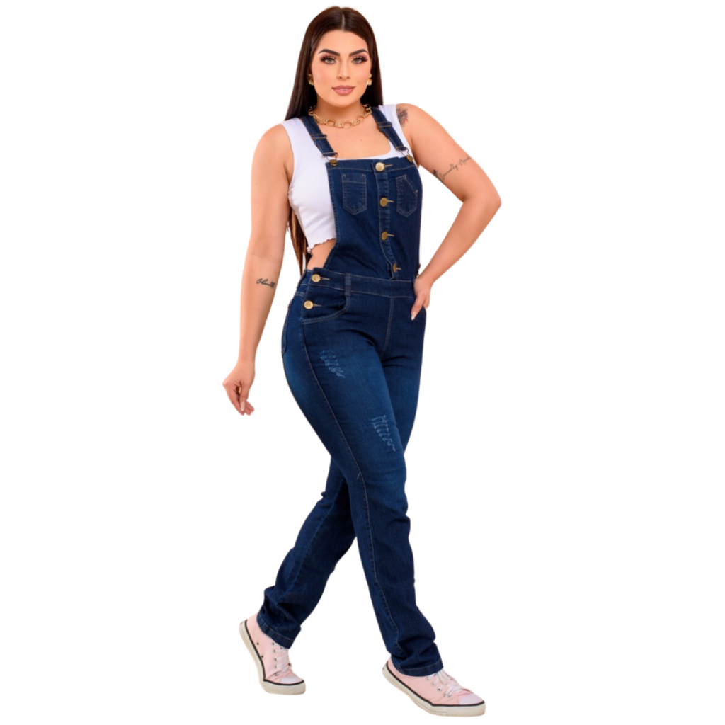 Macacão Jeans Feminino Suspensório Botão Calça Jardineira Com Bolsos Moda Shopee Brasil 1174