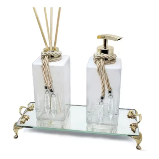 Kit Lavabo Branco Opala Luxo Porta Sabonete Líquido Aromatizador Difusor de Ambiente