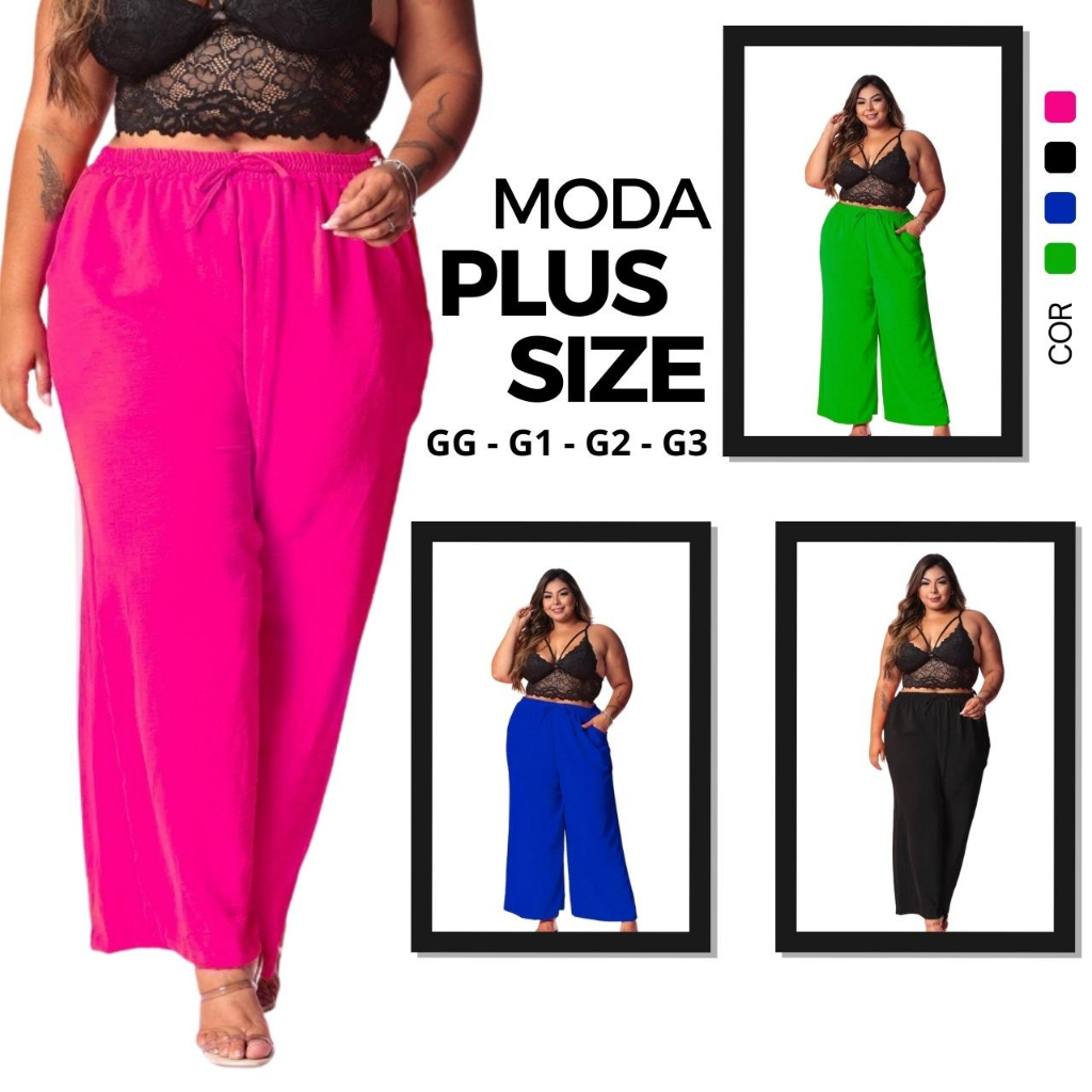 Calça Pantalona Plus Size Feminina Wide Leg Elástico Na Cintura Com Bolso Cintura Alta